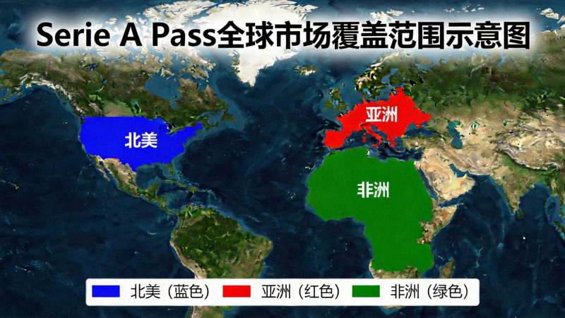 Serie A Pass全球市场覆盖范围示意图，突出显示北美、亚洲和非洲