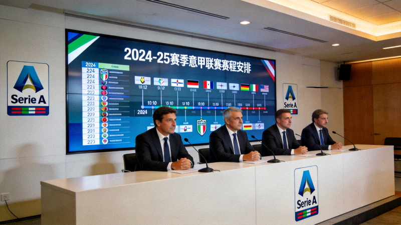 意甲联赛官方在新闻发布会上公布2024-25赛季赛程，大屏幕显示赛程安排